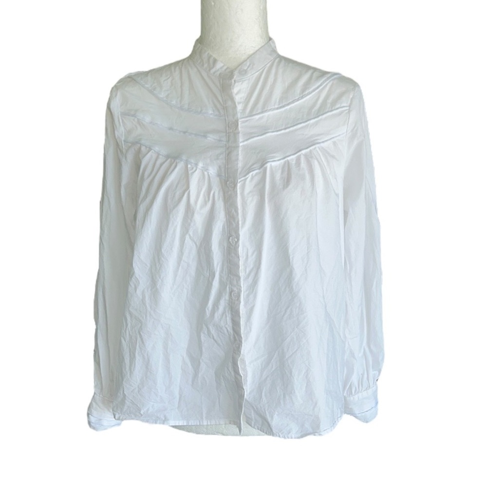 The Shirt Rochelle Behrens White Poplin Piping Trimmed Button Down Blouse - XS